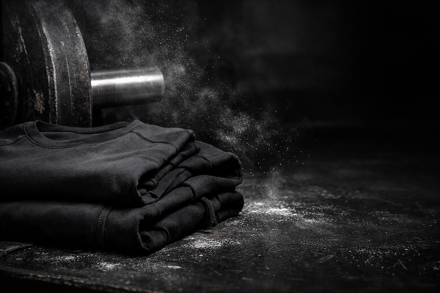 Black training clothing and lifting equipment in a dark gym